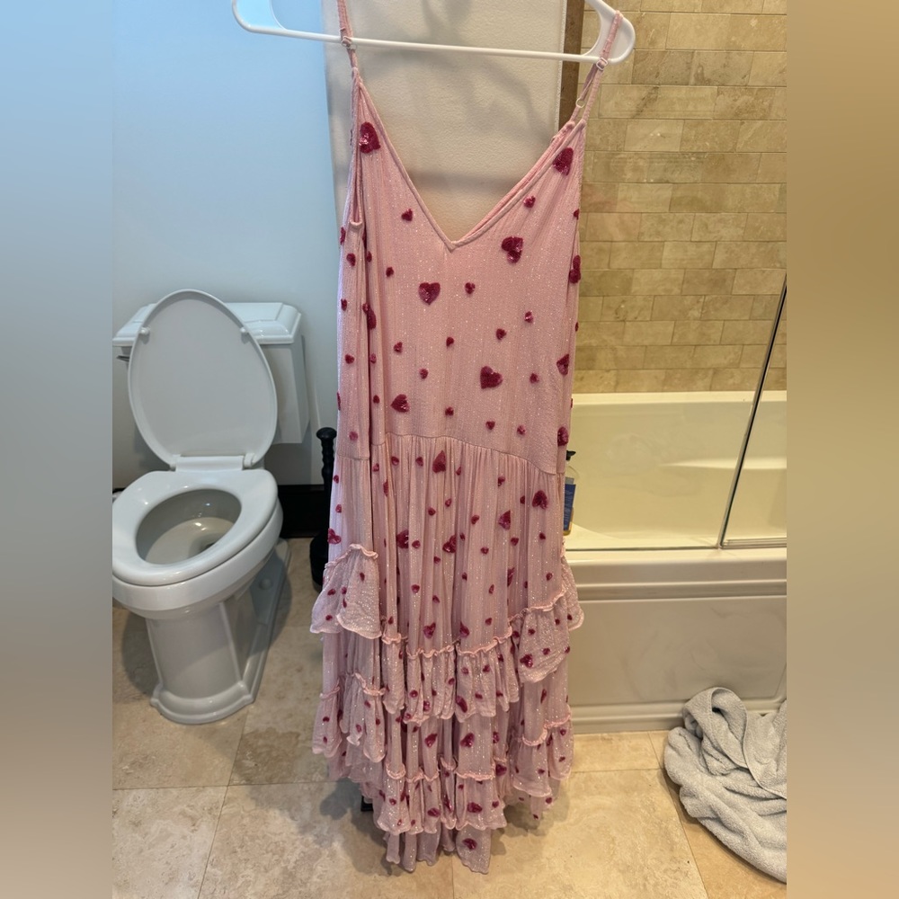 Rococo Sand Tala pink heart sequined metallic maxi dress size XS
